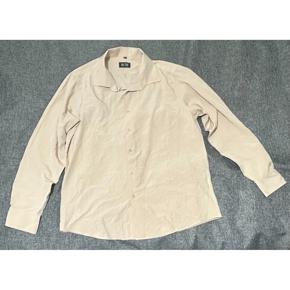 HI-TIE Mens Large Button Up Shirt Beige Long Sleeve Casual